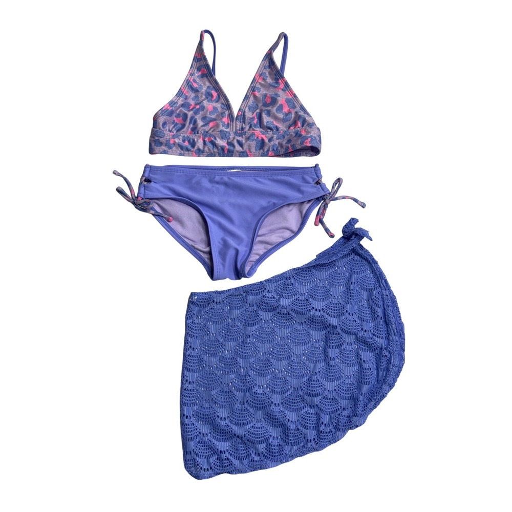 O'Rageous Teen 3-Pc Purple Leopard Bikini & Seashell Sarong Set Sz 14/16 READ